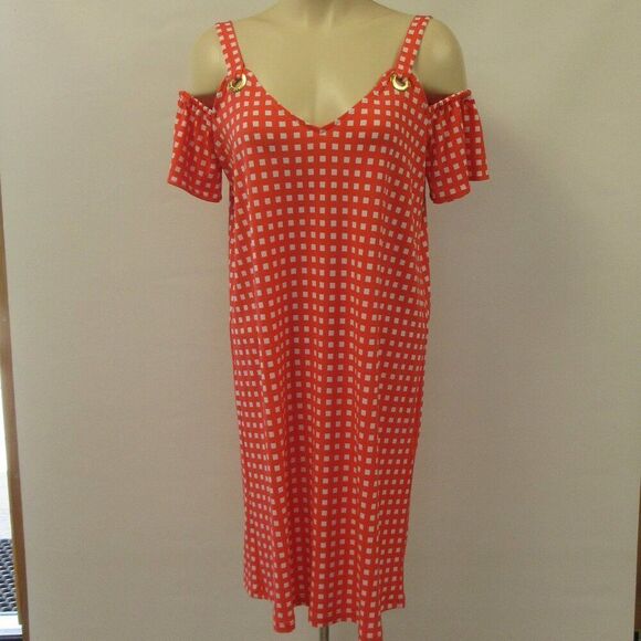 MICHAEL KORS Sangria Double V Neck Cold Shoulder Dress Womens M Orange White NWT - Picture 1 of 13